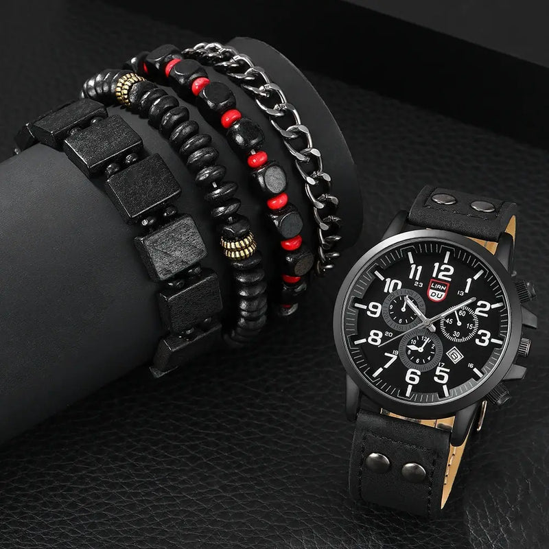 5PCS Set Hip Hop Fashion Mens Bracelet Watches For Men Calendar Quartz Wrist Watch Male Casual Leather Watch Reloj Hombre