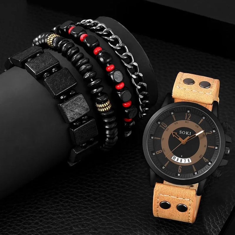 5PCS Set Hip Hop Fashion Mens Bracelet Watches For Men Calendar Quartz Wrist Watch Male Casual Leather Watch Reloj Hombre