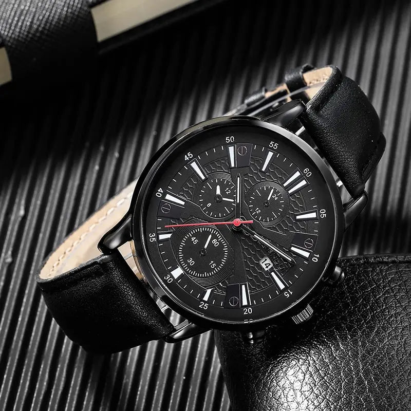 4pcs Black Round Quartz Watch With PU Leather Bracelet Men Nylon Business Watch Fashion Casual For Daily Sports