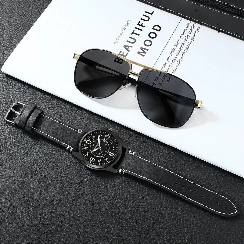 Mens Business Sports Watches Glasses Set For Men Military Quartz Wrist Watch Classic Male Casual Leather Watch Reloj Hombre