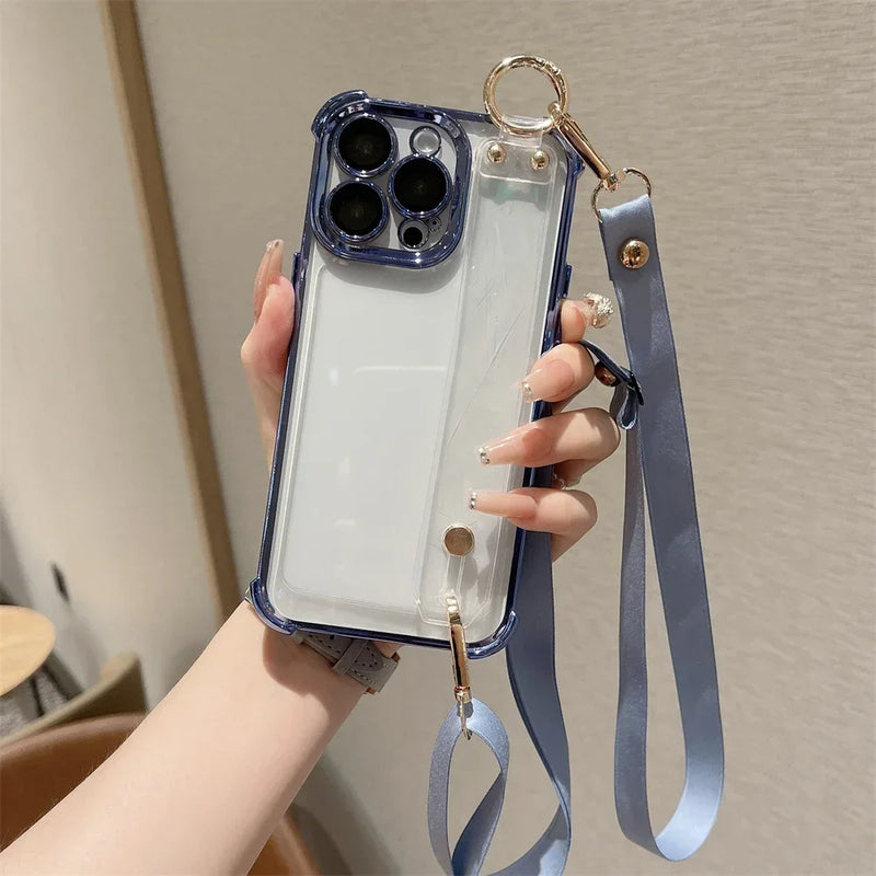 Capa Dura Transparente com Cordão e Pulseira: Proteção e Estilo para iPhone 📱✨