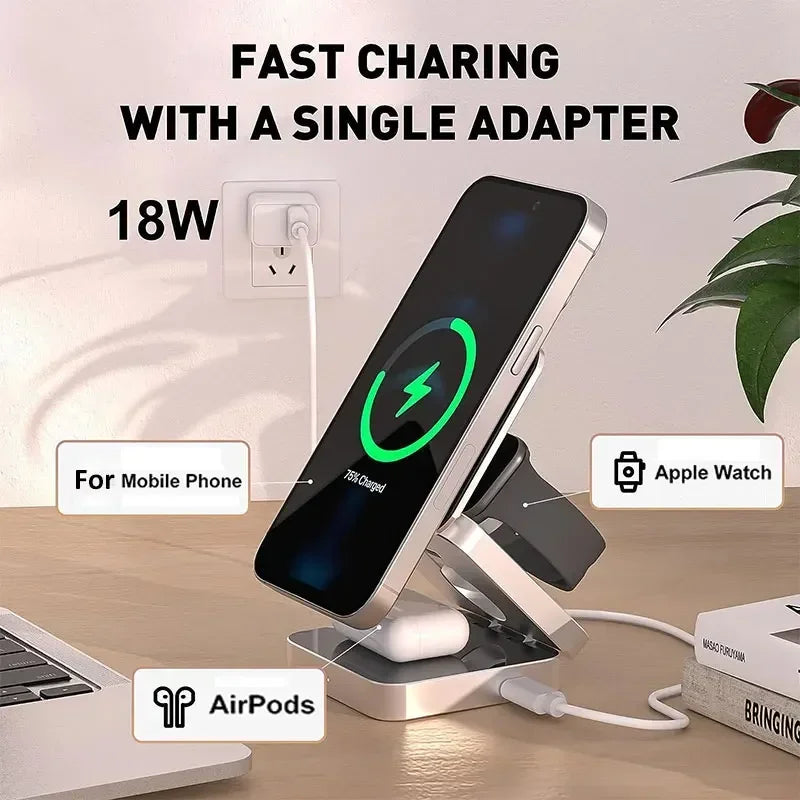 Foldable 3 in 1 Magnetic Travel Wireless Charging Station for IPhone 15,14,for AirPods 3/2 iWatch 9 8 7 for Samsung Galaxy S23