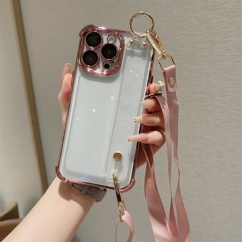 Capa Dura Transparente com Cordão e Pulseira: Proteção e Estilo para iPhone 📱✨