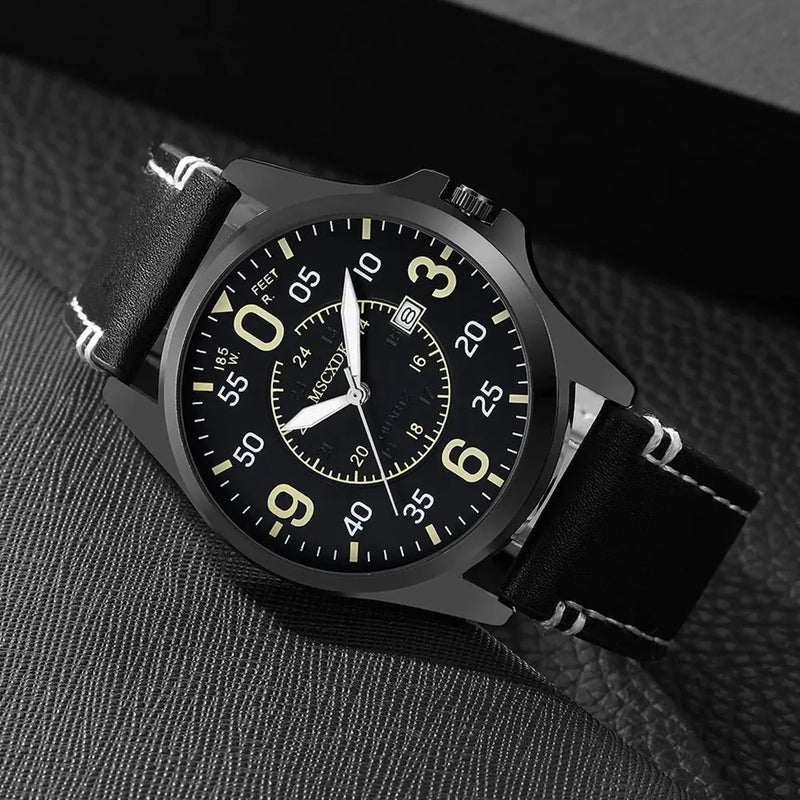 Mens Business Sports Watches Glasses Set For Men Military Quartz Wrist Watch Classic Male Casual Leather Watch Reloj Hombre