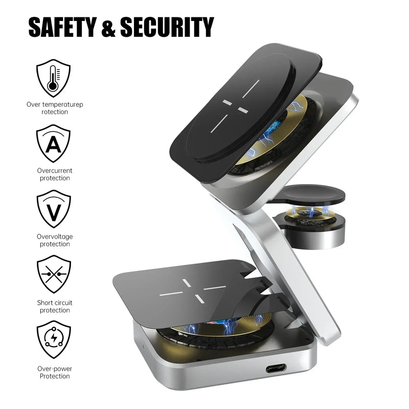 Foldable 3 in 1 Magnetic Travel Wireless Charging Station for IPhone 15,14,for AirPods 3/2 iWatch 9 8 7 for Samsung Galaxy S23