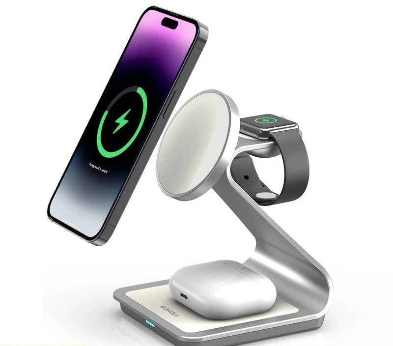 Carregador Wireless Bonola 3 em 1: Carregamento Magnético Rápido para iPhone, Apple Watch e AirPods ⚡📱⌚