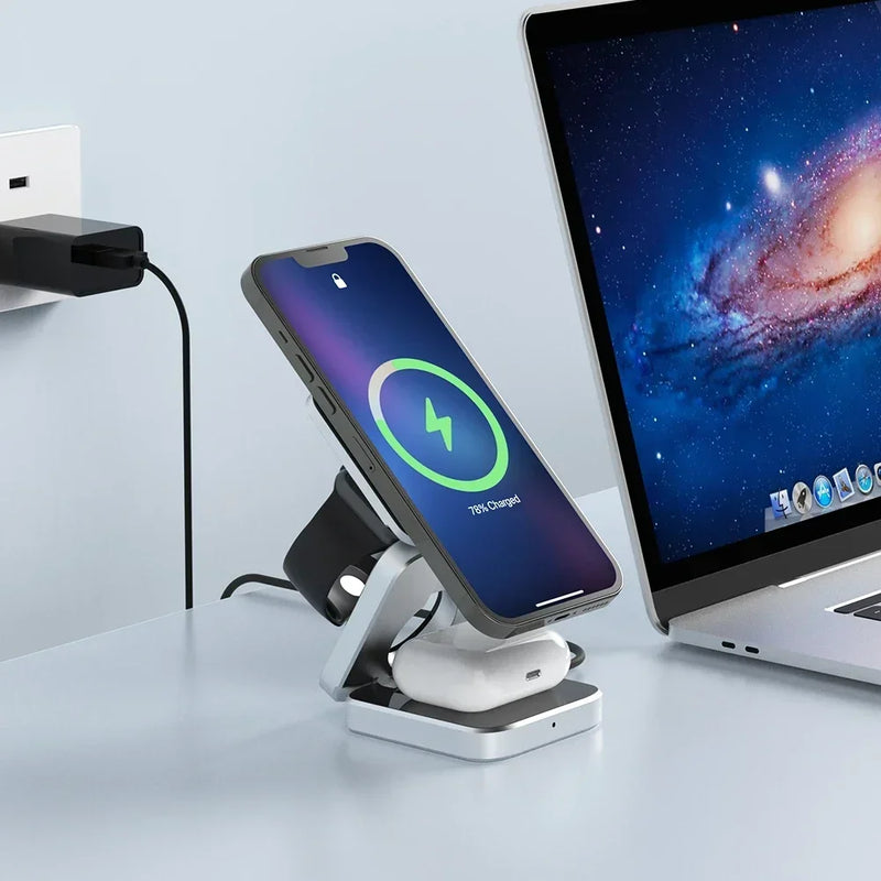 Foldable 3 in 1 Magnetic Travel Wireless Charging Station for IPhone 15,14,for AirPods 3/2 iWatch 9 8 7 for Samsung Galaxy S23