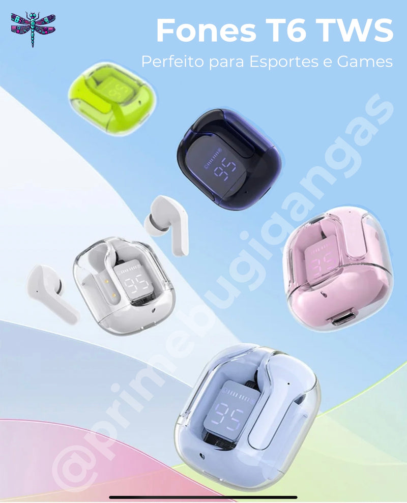 Fones Bluetooth 5.0 T6 TWS: ENC, Bateria Longa & Display LED 🔥 Compre 1 Fone e Ganhe 1 Capinha Protetora com Alça 